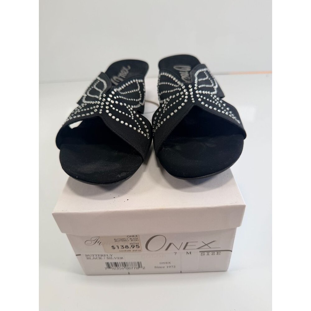 NEW Onex Rhinestone Butterfly Black Silver Chrome Wedge Heel Sandal 7M - Picture 5 of 12